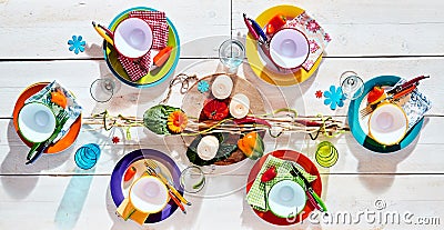 Colorful tropical summer picnic table Stock Photo