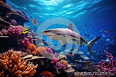 colorful tropical underwater shark theme near the reef Stock Photo