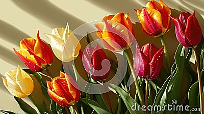 Colorful tulips create rainbow inspiration against a light background of spring tenderness Stock Photo