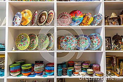 Colorful Turkish traditional plates for sale at sevenirs shops in the Europe side of Istanbul, Turkey Editorial Stock Photo