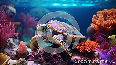 Colorful Turtle Swimming Among Vibrant Corals In Photo-realistic Aquarium Stock Photo