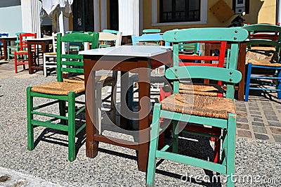 Colorful typical chairs at traditional Greek tavern Stock Photo