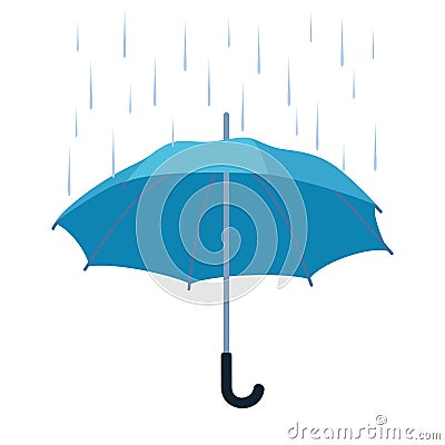 Colorful umbrella. Blue accessory with handle protection from rain, isolated on white background. Seasonal safety stylish rainy Vector Illustration