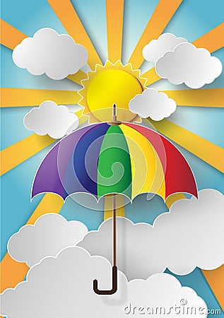 Colorful umbrella flying high in the air Vector Illustration