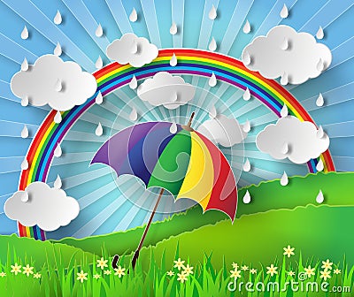 Colorful umbrella in the rain with rainbow. Vector Illustration