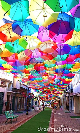 Colorful umbrellas over street in Agueda Editorial Stock Photo