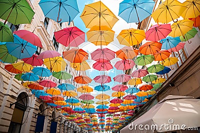 Colorful umbrellas street Strada Alba Iulia in Timisoara, Romania Editorial Stock Photo