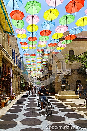 Colorful umbrellas, Yoel Moshe Solomon Street, Nachalat Shiva neighborhood, Jerusalem Editorial Stock Photo