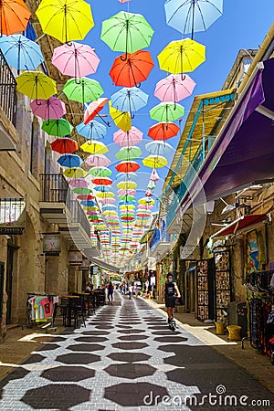 Colorful umbrellas, Yoel Moshe Solomon Street, Nachalat Shiva neighborhood, Jerusalem Editorial Stock Photo