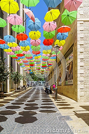 Colorful umbrellas, Yoel Moshe Solomon Street, Nachalat Shiva neighborhood, Jerusalem Editorial Stock Photo