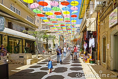 Colorful umbrellas, Yoel Moshe Solomon Street, Nachalat Shiva neighborhood, Jerusalem Editorial Stock Photo