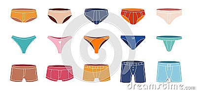 Colorful underpants set. Female and male underpants. Colorful swimwear. Personal underclothing apparel. Classic boxers Cartoon Illustration