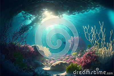 Colorful underwater landscape with corals, stones and beautiful blue water and bright sun rays and glare. Stock Photo