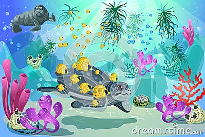 Colorful Underwater Marine Landscape Template Vector Illustration