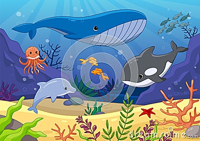 Colorful underwater world with whales and dolphin Vector Illustration