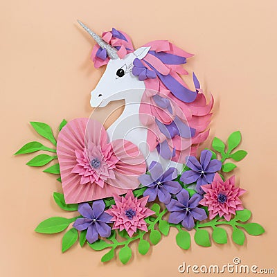 Colorful unicorn and paper flowers Stock Photo