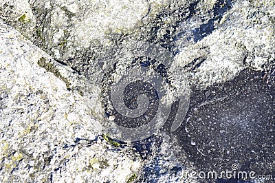 Colorful and unique pattern on old granite stones. Closeup of mossy and weathered stone surface. Black and grey nature material Stock Photo