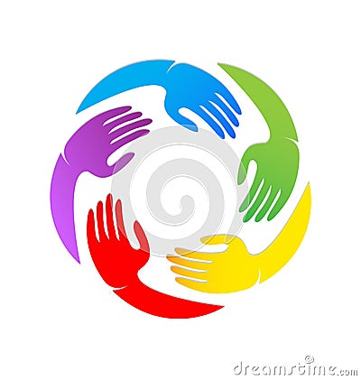 Colorful unity hands together vector logo Vector Illustration