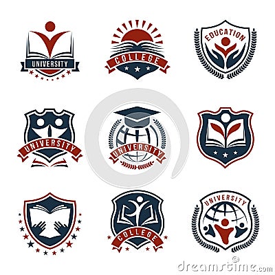 Colorful University Logos Set Vector Illustration