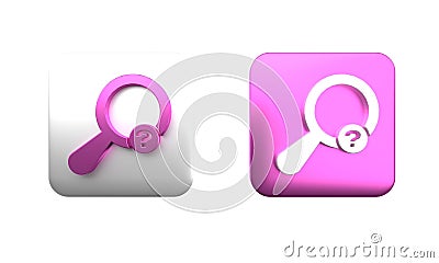 Colorful Unknown search icon isolated on white background. Magnifying glass and question mark. Square button. 3D render Cartoon Illustration