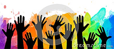 Colorful up hands illustration, an association, unity, partners, company, friendship, friends background Volunteers cele Cartoon Illustration