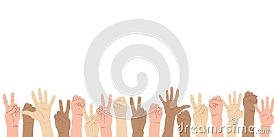 Colorful up hands set with different gestures. Different but equal and diversity skins hands up, multiethnic community. Vector Illustration