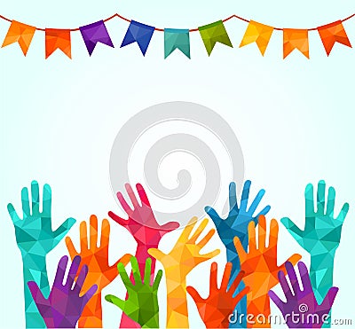 Colorful up hands. Vector illustration, an associers celation, unity, partners, company, friendship, friends background Volunteebr Cartoon Illustration