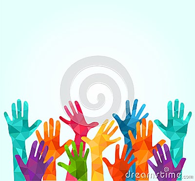 Colorful up hands. Vector illustration, an associers celation, unity, partners, company, friendship, friends background Volunteebr Cartoon Illustration