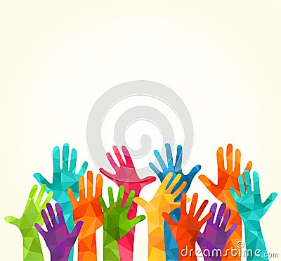 Colorful up hands. Vector illustration, an associers celation, unity, partners, company, friendship, friends background Volunteebr Cartoon Illustration