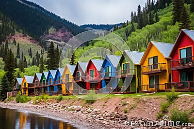 colorful vacation cabins against the mountain backdrop Stock Photo