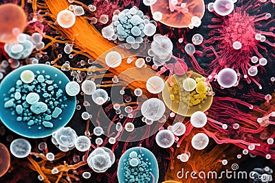 Colorful variety of microorganism inside petri dish plate background in laboratory with super macro zoom, including of bacteria, Stock Photo