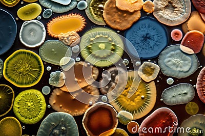 Colorful variety of microorganism inside petri dish plate in laboratory with super macro zoom background, including of bacteria, Stock Photo
