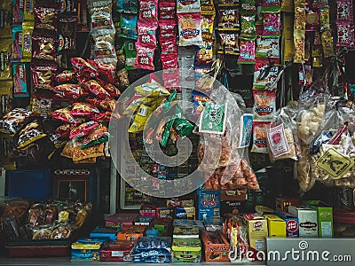 colorful and various snack products on jakarta Editorial Stock Photo