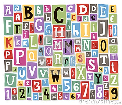 Colorful vector alphabet letters made of newspaper magazine font abc paper text collage cut type typography note Vector Illustration