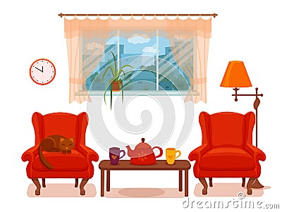 Colorful vector cozy interior warm bright winter illustratio Vector Illustration