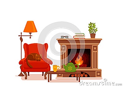 Colorful vector cozy interior warm bright winter illustratio Vector Illustration