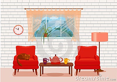 Colorful vector cozy interior warm bright winter illustratio Vector Illustration