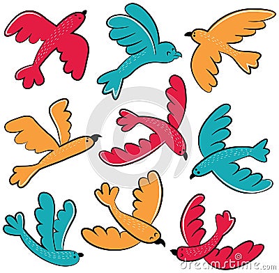 Colorful vector doodle birds icon set Vector Illustration