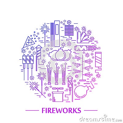 Colorful vector fireworks icons concept. Festival or party elements. Line carnival illustration. Firecracker set Vector Illustration