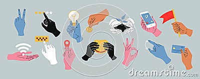 Colorful vector hands holding different stuff, icons of various online operations with money, credit card, taxi call Vector Illustration