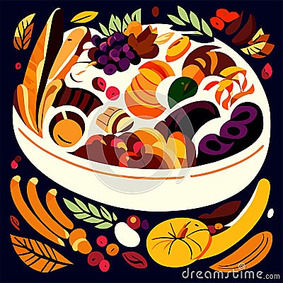 Colorful vector illustration of a bowl of pasta with various fruits and vegetables AI generated Vector Illustration