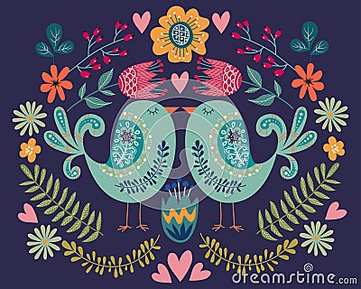 Colorful vector illustration with couple bird, flowers and folk design elements Vector Illustration