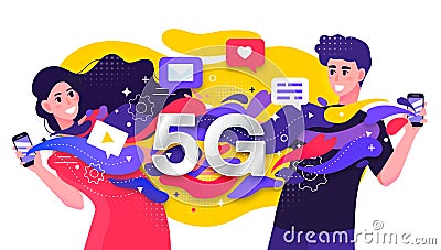 Colorful vector illustration depicting a 5G cellular network with two happy young people fast streaming dating data Vector Illustration