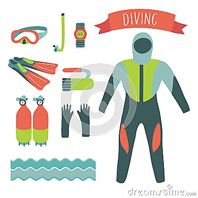 Vector illustration of diving elements set on white isolation background Vector Illustration