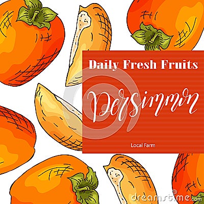 Colorful vector illustration. Food design with fruit. Hand drawn sketch of persimmon. Organic fresh product for card or poster Vector Illustration