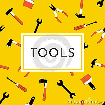 Vector illustration with hammer, nail puller, axe, saw, pliers, paintbrush, screwdriver. Home repair and work tools sign Vector Illustration