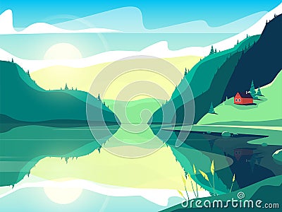 Colorful vector illustration of a scandinavian fjord at sunrise Vector Illustration