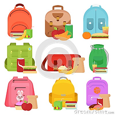 Colorful vector illustration of school kids bags and lunch food boxes in cartoon flat style. Vector Illustration