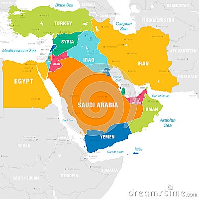 Colorful Vector map of the Middle East Zone Vector Illustration