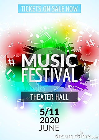 Colorful vector music festival concert template flyer. Musical flyer design poster with notes Vector Illustration